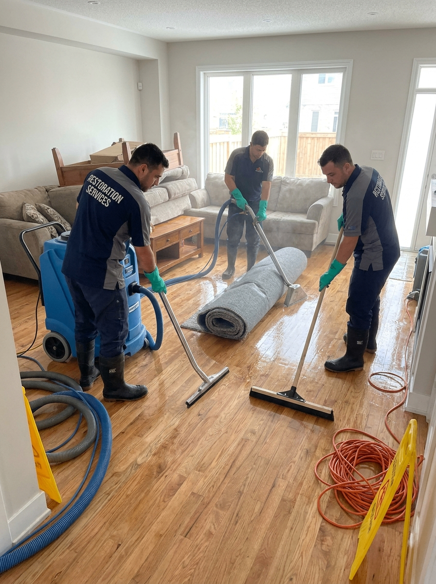 Technicians extracting flood water and drying hardwood flooring after a Mesa monsoon storm event