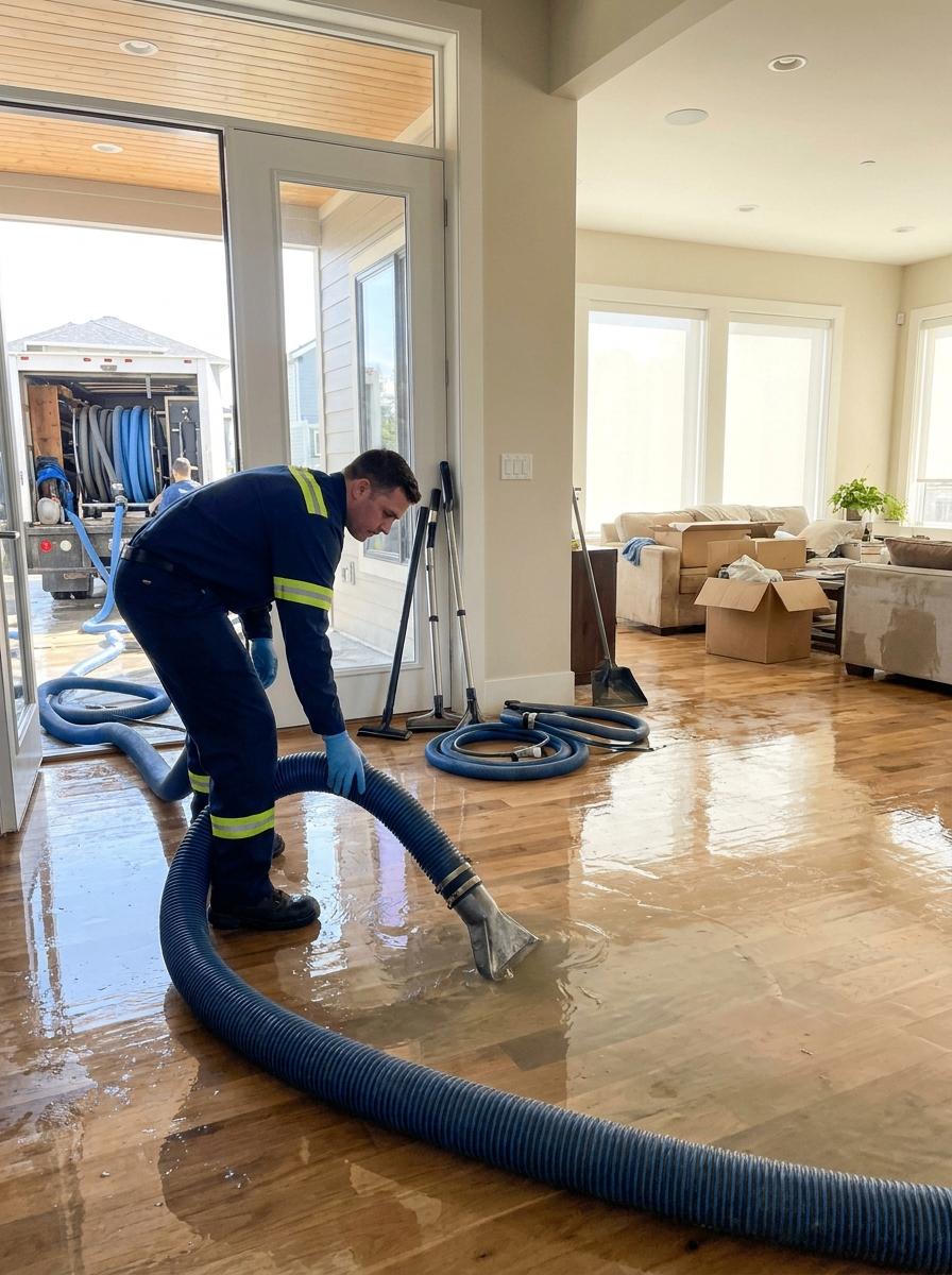 Mesa restoration technician using a truck-mounted commercial wand to extract standing water from hardwood flooring
