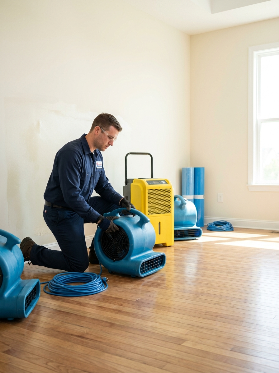 Technician staging industrial air movers and a commercial dehumidifier for structural drying in a Mesa home