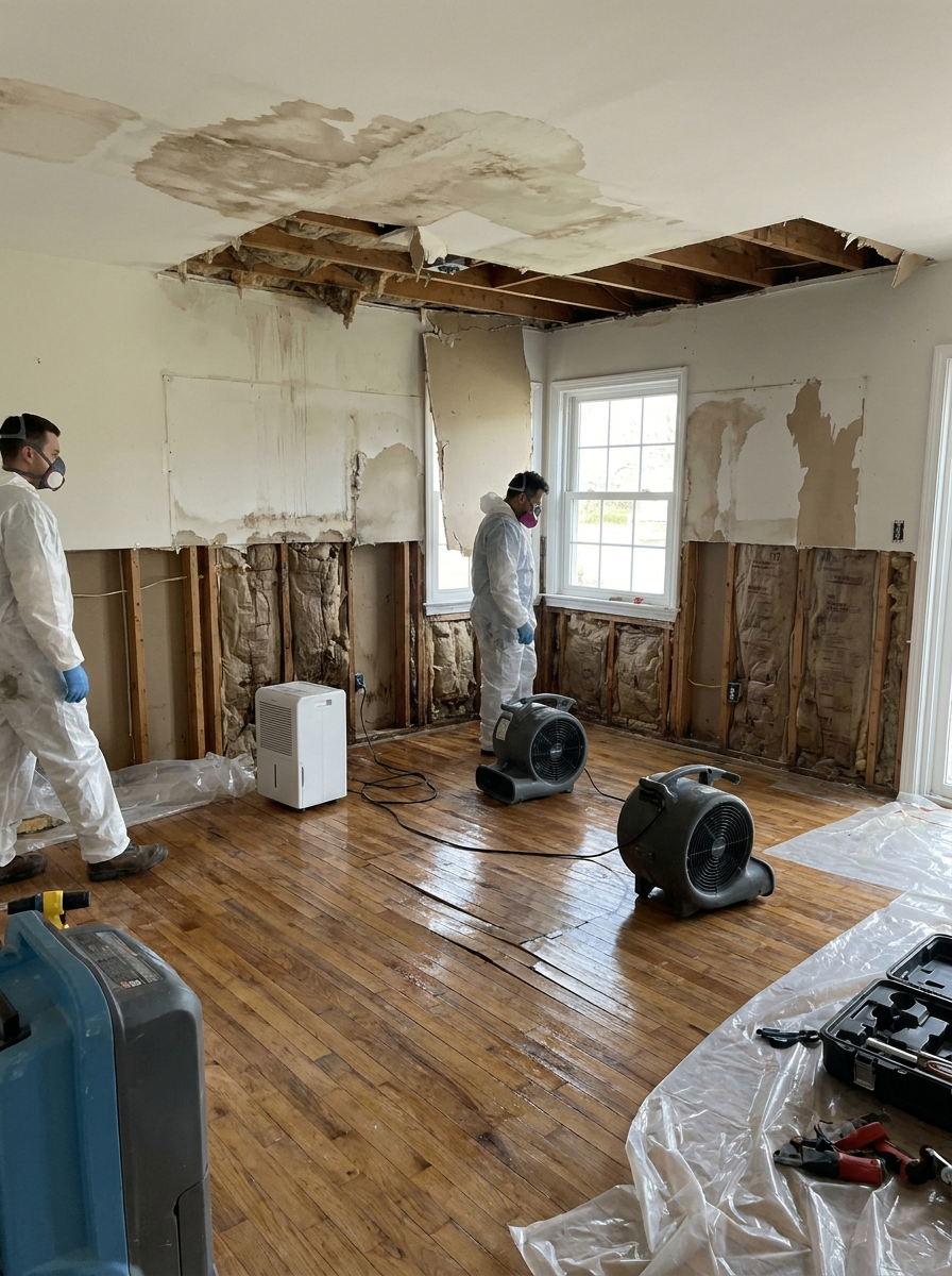 Restoration technicians in protective suits repairing extensive ceiling and wall water damage in a Mesa home
