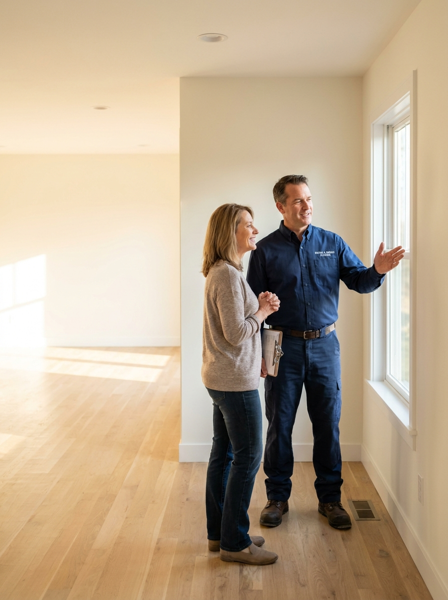 Mesa water damage restoration specialist walking a homeowner through a post-restoration property inspection
