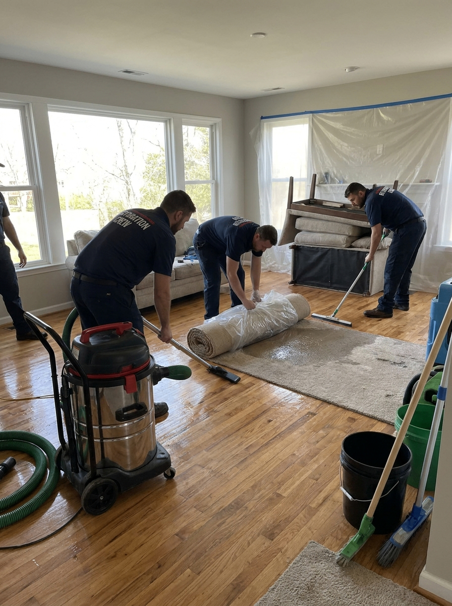 Restoration crew removing a saturated area rug and extracting water during a Mesa water damage cleanup