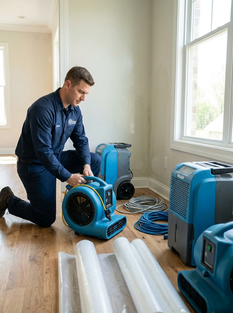 Water mitigation crew positioning air movers and dehumidifiers to stabilize a Mesa property after water intrusion